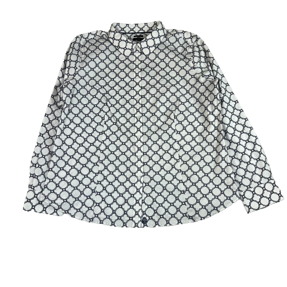 Talbots Shirt Womens Button Up 16 White Navy Blue Geometric Print Long Sleeve